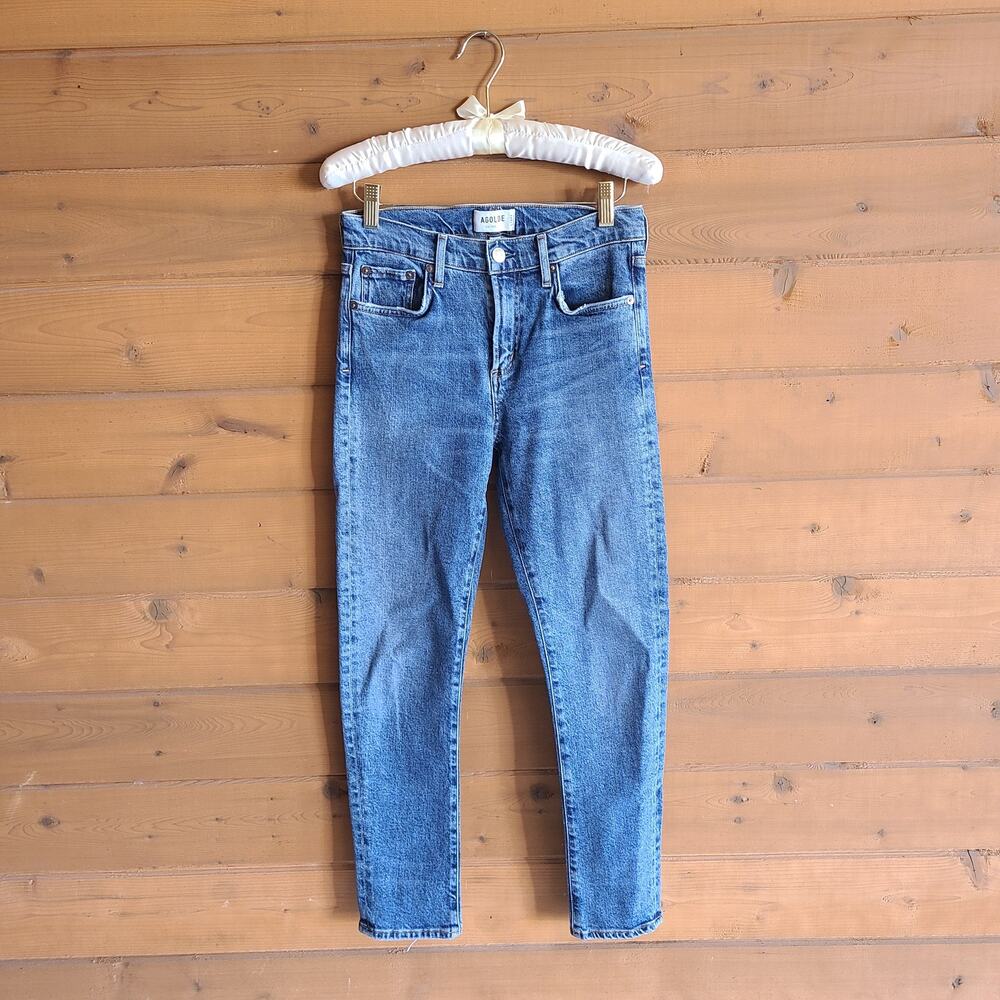 Agolde x Anthropologie Toni Jean Mid Straight 25 Obscure Blue Crop Denim Boho - Picture 2 of 5